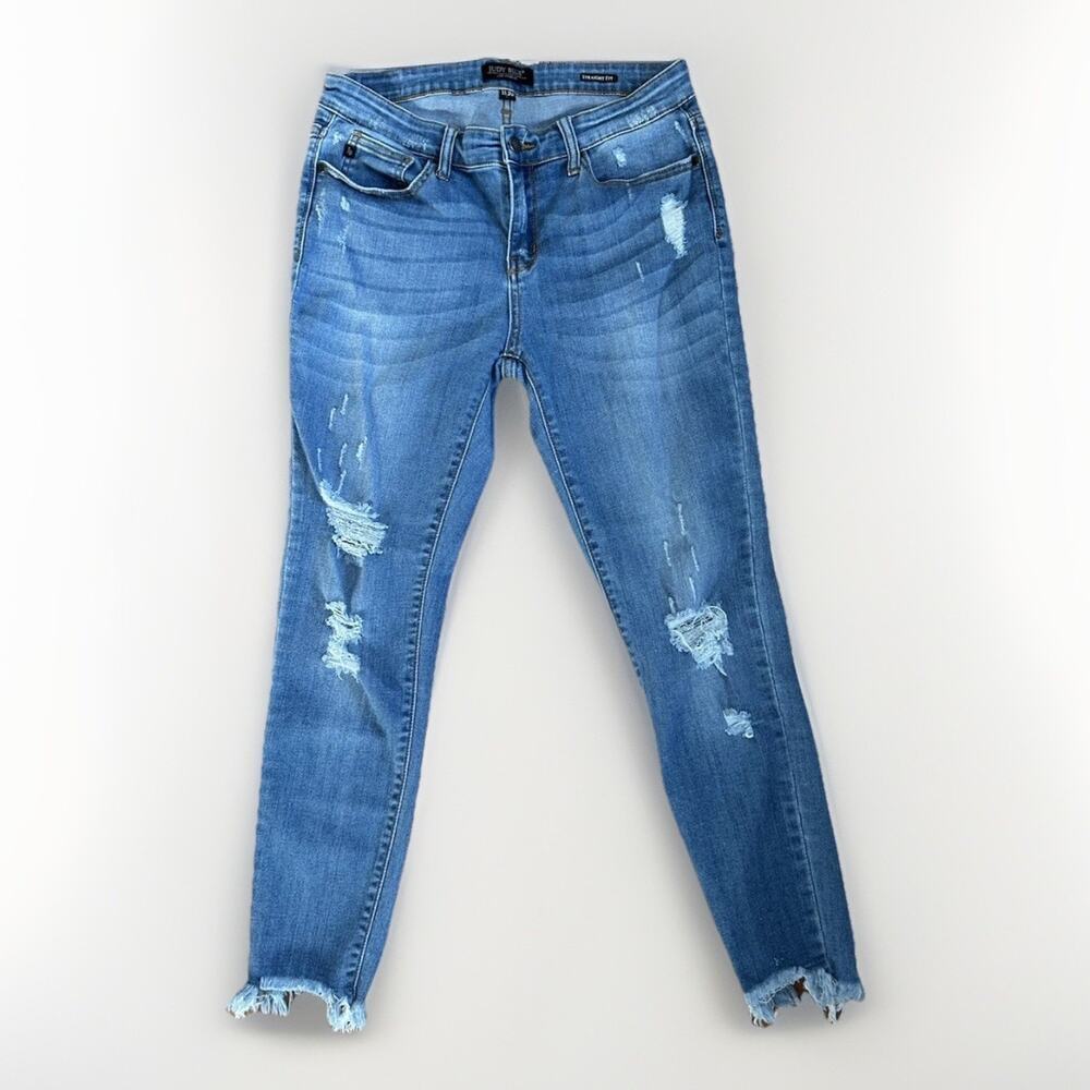 Judy Blue Jeans Womens 11/30 Straight Fit Skinny Blue Stretch Denim Distressed